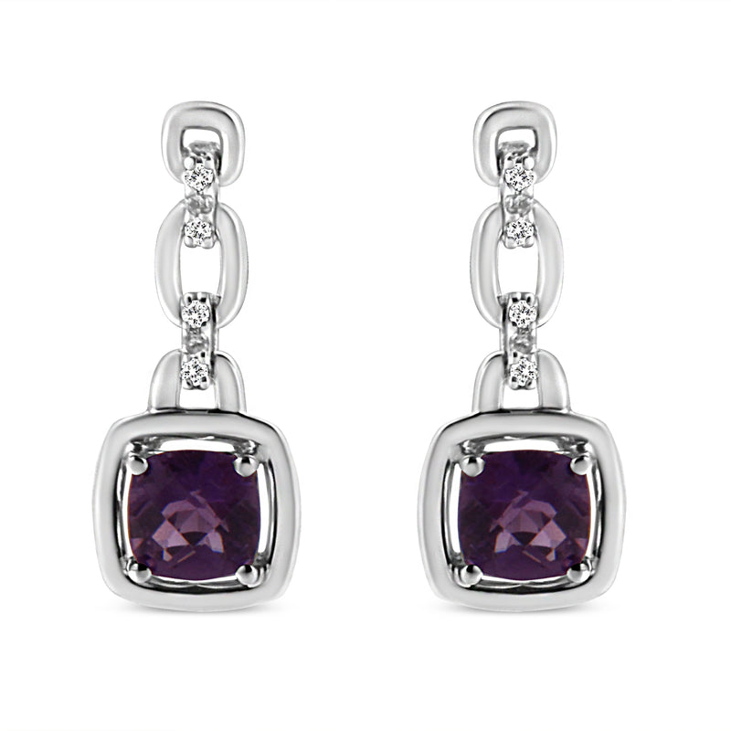 Bids.com .925 Sterling Silver 6x6MM Cushion Shaped Natural Purple Amethyst and Diamond Accent Drop and Dangle Earrings (I-J Color, I1-I2 Clarity) Earrings