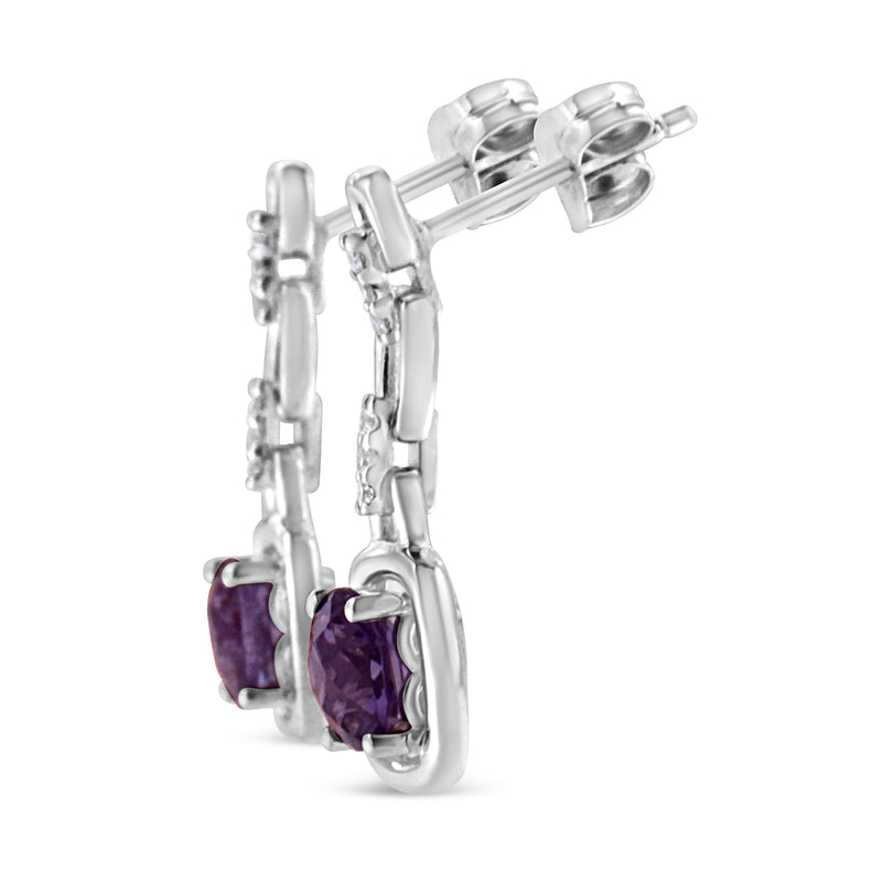 Bids.com .925 Sterling Silver 6x6MM Cushion Shaped Natural Purple Amethyst and Diamond Accent Drop and Dangle Earrings (I-J Color, I1-I2 Clarity) Earrings