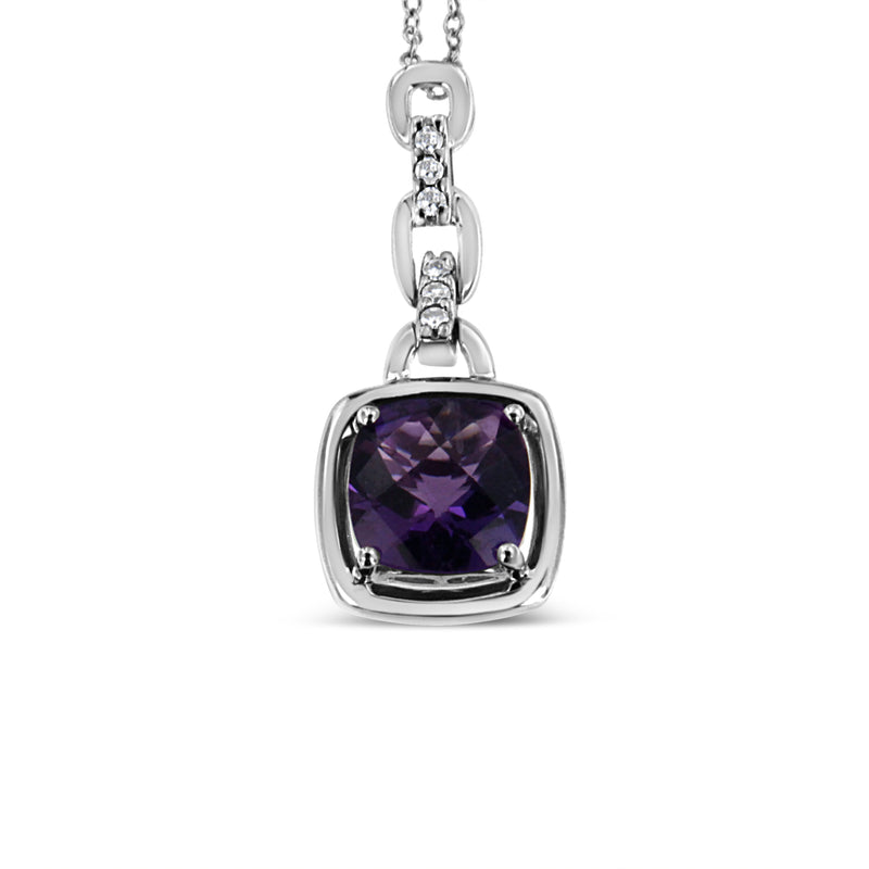 Bids.com .925 Sterling Silver 6x6MM Cushion Shaped Natural Purple Amethyst and Diamond Accented Bale 18" Inch Pendant Necklace (I-J Color, I1-I2 Clarity) Necklaces