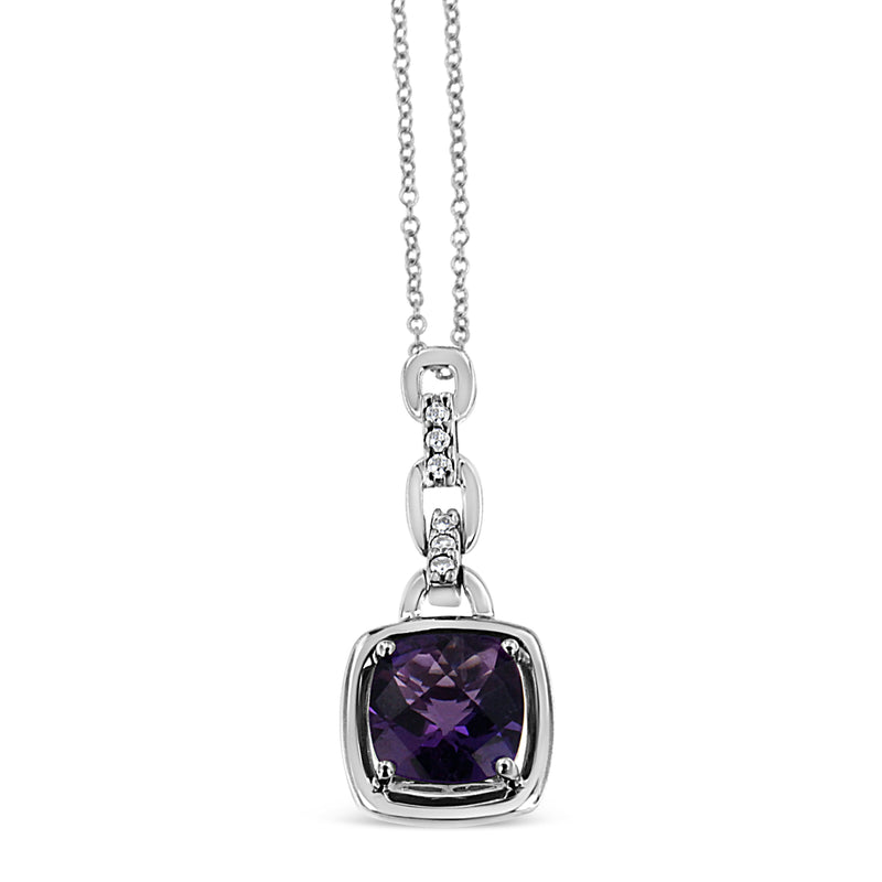Bids.com .925 Sterling Silver 6x6MM Cushion Shaped Natural Purple Amethyst and Diamond Accented Bale 18" Inch Pendant Necklace (I-J Color, I1-I2 Clarity) Necklaces