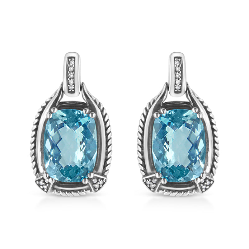 Bids.com .925 Sterling Silver 14x10MM Cushion Cut Blue Topaz Gemstone and Diamond Accent Dangle Earring (I-J Color, I1-I2 Clarity) Earrings