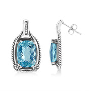 Bids.com .925 Sterling Silver 14x10MM Cushion Cut Blue Topaz Gemstone and Diamond Accent Dangle Earring (I-J Color, I1-I2 Clarity) Earrings