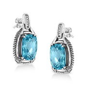 Bids.com .925 Sterling Silver 14x10MM Cushion Cut Blue Topaz Gemstone and Diamond Accent Dangle Earring (I-J Color, I1-I2 Clarity) Earrings