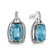 Bids.com .925 Sterling Silver 14x10MM Cushion Cut Blue Topaz Gemstone and Diamond Accent Dangle Earring (I-J Color, I1-I2 Clarity) Earrings
