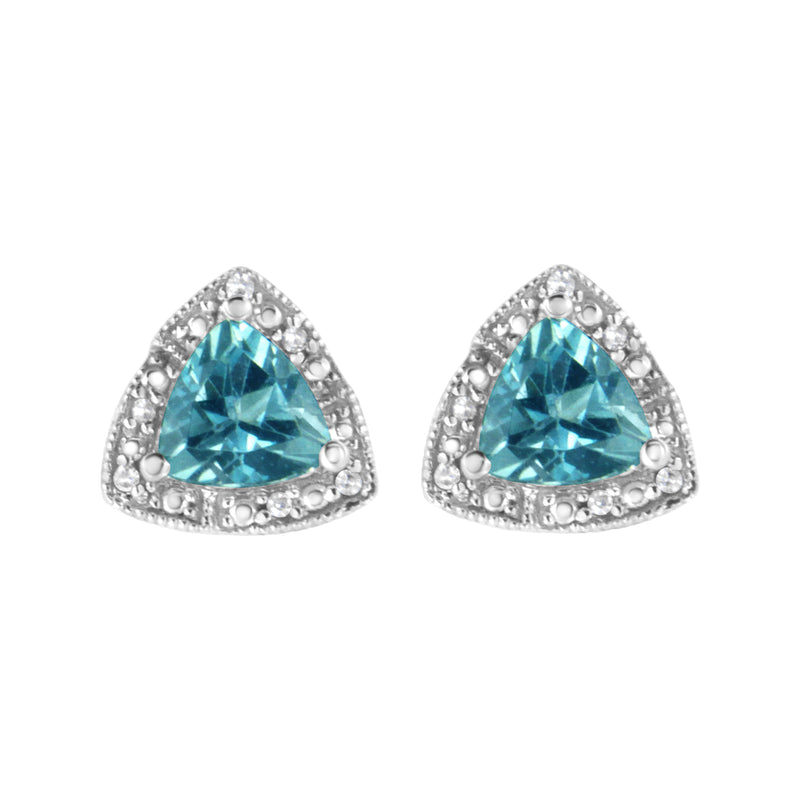 Bids.com .925 Sterling Silver 6x6 mm Trillion Cut Blue Topaz Gemstone and Diamond Accent Stud Earring (I-J Color, I1-I2 Clarity) Earrings