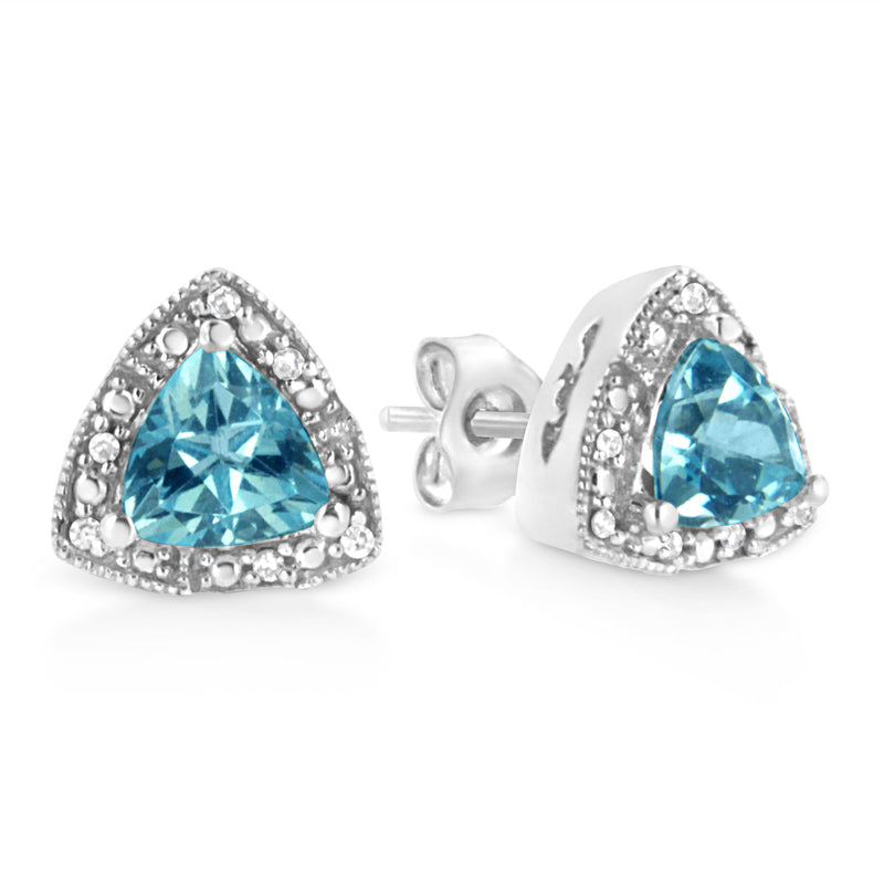 Bids.com .925 Sterling Silver 6x6 mm Trillion Cut Blue Topaz Gemstone and Diamond Accent Stud Earring (I-J Color, I1-I2 Clarity) Earrings