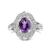 Bids.com .925 Sterling Silver 9x7mm Oval Purple Amethyst and Diamond Accent Art Deco Style Cocktail Ring (I-J Color, I1-I2 Clarity) - Size 6 Rings