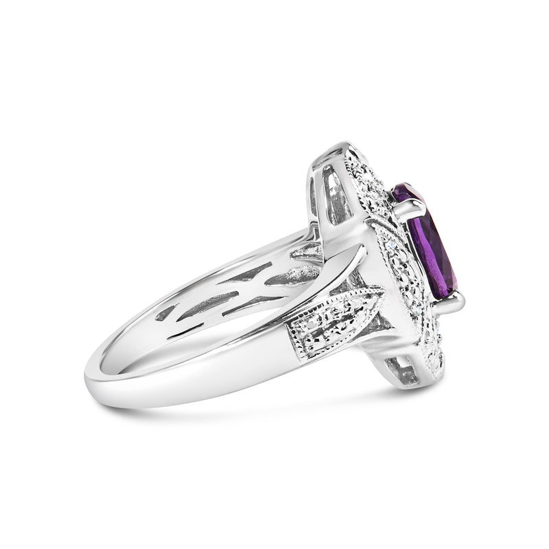 Bids.com .925 Sterling Silver 9x7mm Oval Purple Amethyst and Diamond Accent Art Deco Style Cocktail Ring (I-J Color, I1-I2 Clarity) - Size 6 Rings