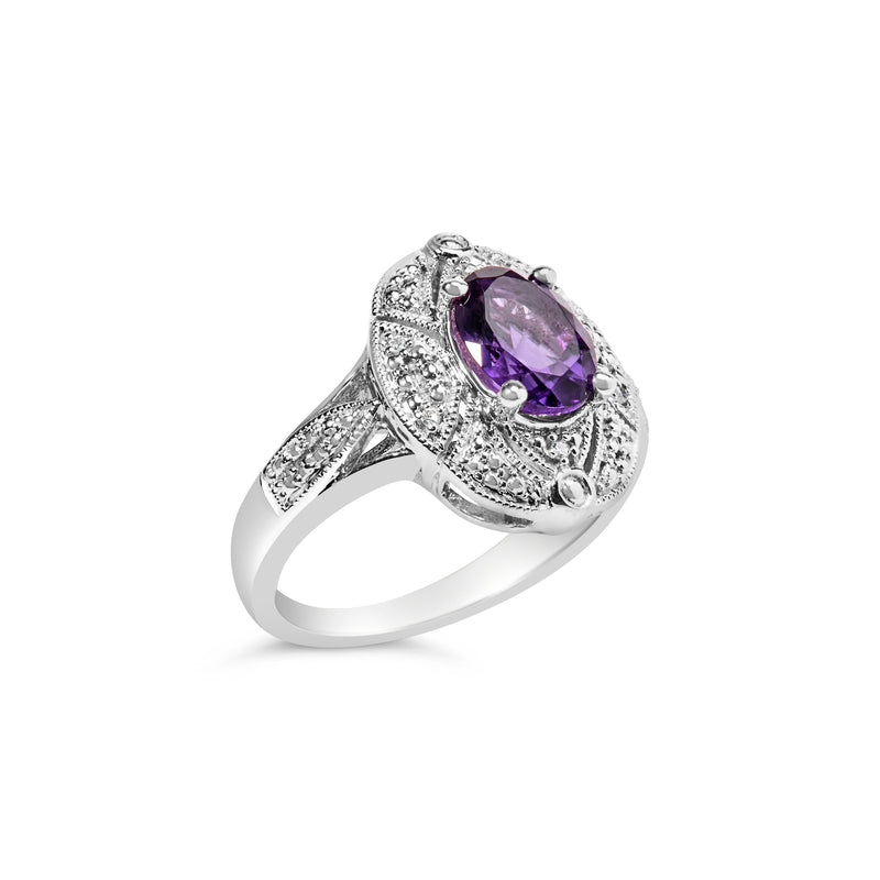 Bids.com .925 Sterling Silver 9x7mm Oval Purple Amethyst and Diamond Accent Art Deco Style Cocktail Ring (I-J Color, I1-I2 Clarity) - Size 6 Rings