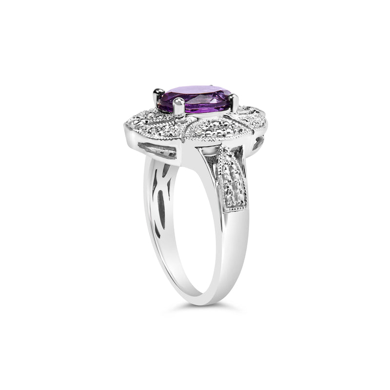 Bids.com .925 Sterling Silver 9x7mm Oval Purple Amethyst and Diamond Accent Art Deco Style Cocktail Ring (I-J Color, I1-I2 Clarity) - Size 6 Rings