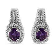 Bids.com .925 Sterling Silver 8x6 MM Natural Oval Purple Amethyst Gemstone and Diamond Accent Art Deco Style Drop and Dangle Earrings (I-J Color, I1-I2 Clarity) Earrings