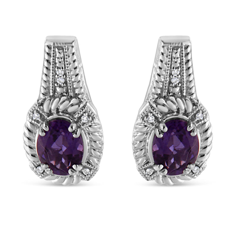 Bids.com .925 Sterling Silver 8x6 MM Natural Oval Purple Amethyst Gemstone and Diamond Accent Art Deco Style Drop and Dangle Earrings (I-J Color, I1-I2 Clarity) Earrings