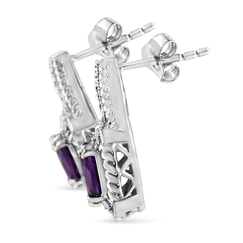 Bids.com .925 Sterling Silver 8x6 MM Natural Oval Purple Amethyst Gemstone and Diamond Accent Art Deco Style Drop and Dangle Earrings (I-J Color, I1-I2 Clarity) Earrings