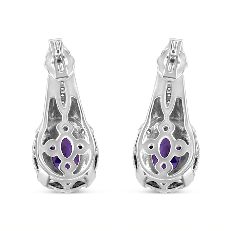 Bids.com .925 Sterling Silver 8x6 MM Natural Oval Purple Amethyst Gemstone and Diamond Accent Art Deco Style Drop and Dangle Earrings (I-J Color, I1-I2 Clarity) Earrings