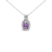 Bids.com .925 Sterling Silver 9x7mm Oval Purple Amethyst and Round Diamond Accent Fashion Drop Pendant 18 Inch Necklace (I-J Color, I1-I2 Clarity) Necklaces