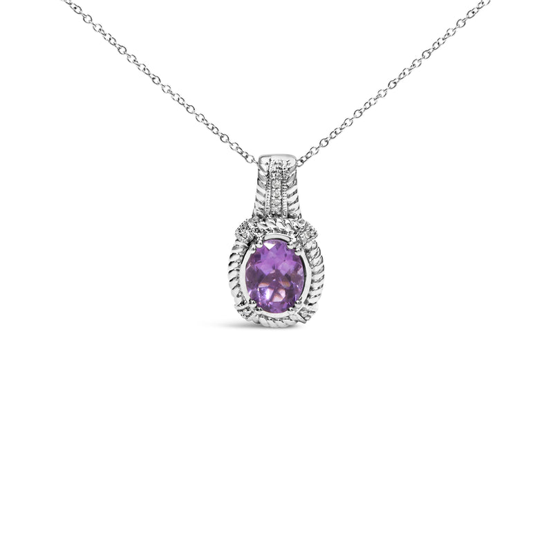 Bids.com .925 Sterling Silver 9x7mm Oval Purple Amethyst and Round Diamond Accent Fashion Drop Pendant 18 Inch Necklace (I-J Color, I1-I2 Clarity) Necklaces
