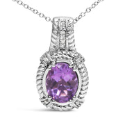 Bids.com .925 Sterling Silver 9x7mm Oval Purple Amethyst and Round Diamond Accent Fashion Drop Pendant 18 Inch Necklace (I-J Color, I1-I2 Clarity) Necklaces