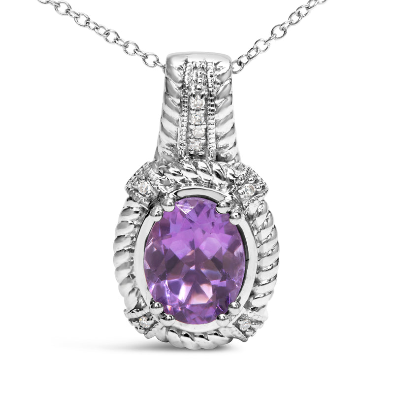 Bids.com .925 Sterling Silver 9x7mm Oval Purple Amethyst and Round Diamond Accent Fashion Drop Pendant 18 Inch Necklace (I-J Color, I1-I2 Clarity) Necklaces