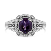 Bids.com .925 Sterling Silver Prong Set Natural Oval Shape 9X7 MM Purple Amethyst Solitaire and Diamond Accent Ring (I-J Color, I1-I2 Clarity) - Ring Size 7 Rings
