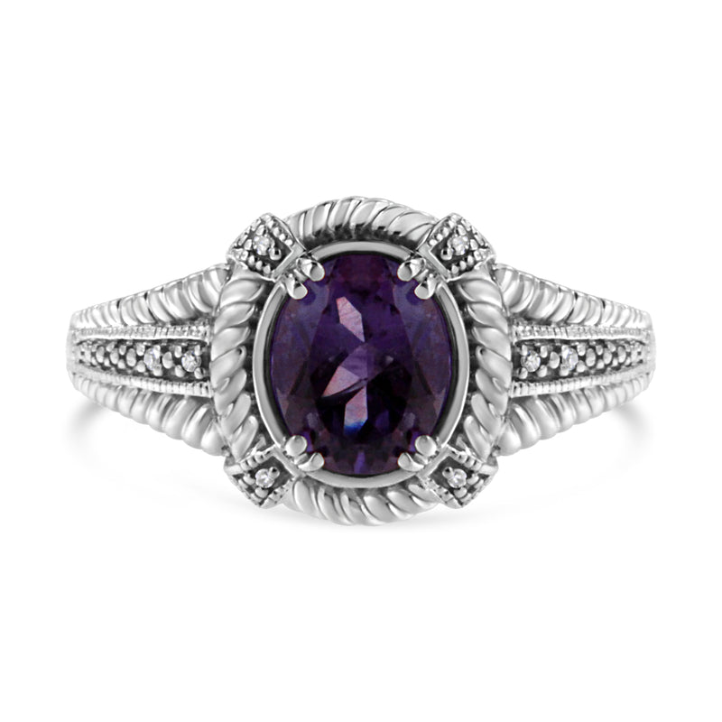 Bids.com .925 Sterling Silver Prong Set Natural Oval Shape 9X7 MM Purple Amethyst Solitaire and Diamond Accent Ring (I-J Color, I1-I2 Clarity) - Ring Size 7 Rings