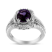 Bids.com .925 Sterling Silver Prong Set Natural Oval Shape 9X7 MM Purple Amethyst Solitaire and Diamond Accent Ring (I-J Color, I1-I2 Clarity) - Ring Size 7 Rings