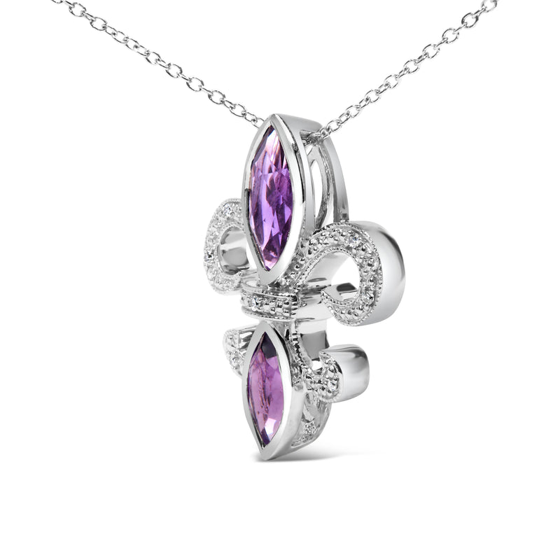 Bids.com .925 Sterling Silver Purple Amethyst Marquise and Diamond Accent Fleur De Lis Pendant Necklace (H-I Color, SI1-SI2 Clarity) - Size 18" Necklaces
