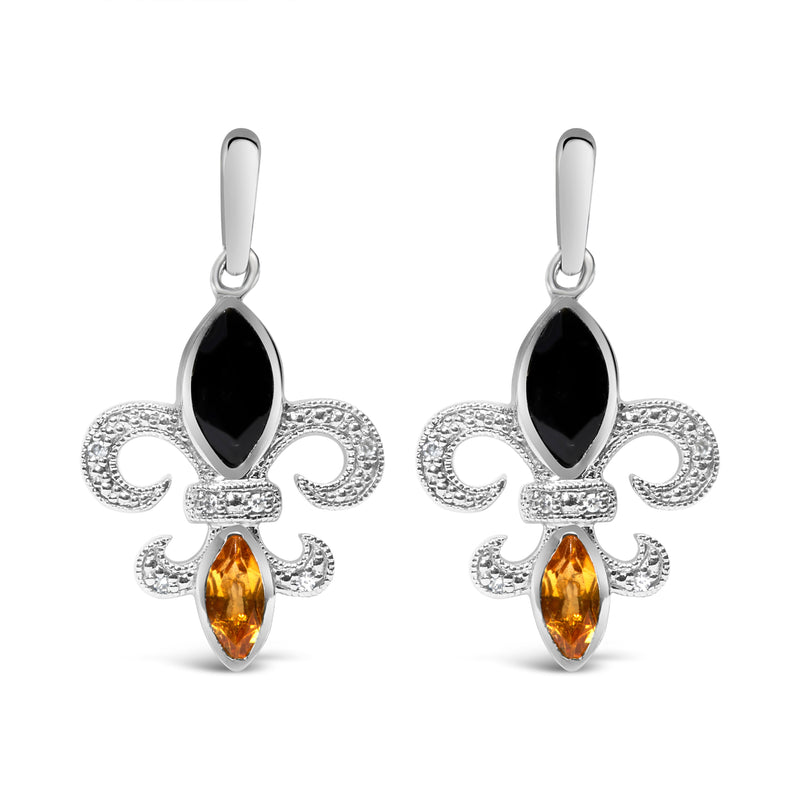 Bids.com .925 Sterling Silver Marquise Cut Onyx and Citrine with Diamond Accent Fleur De Lis Drop Stud Earrings (H-I Color, SI1-SI2 Clarity) Earrings