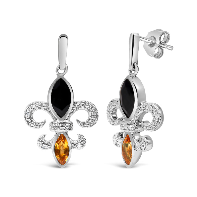 Bids.com .925 Sterling Silver Marquise Cut Onyx and Citrine with Diamond Accent Fleur De Lis Drop Stud Earrings (H-I Color, SI1-SI2 Clarity) Earrings
