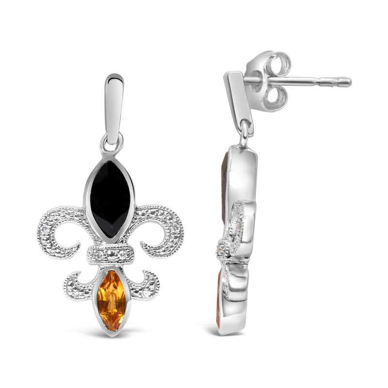 Bids.com .925 Sterling Silver Marquise Cut Onyx and Citrine with Diamond Accent Fleur De Lis Drop Stud Earrings (H-I Color, SI1-SI2 Clarity) Earrings