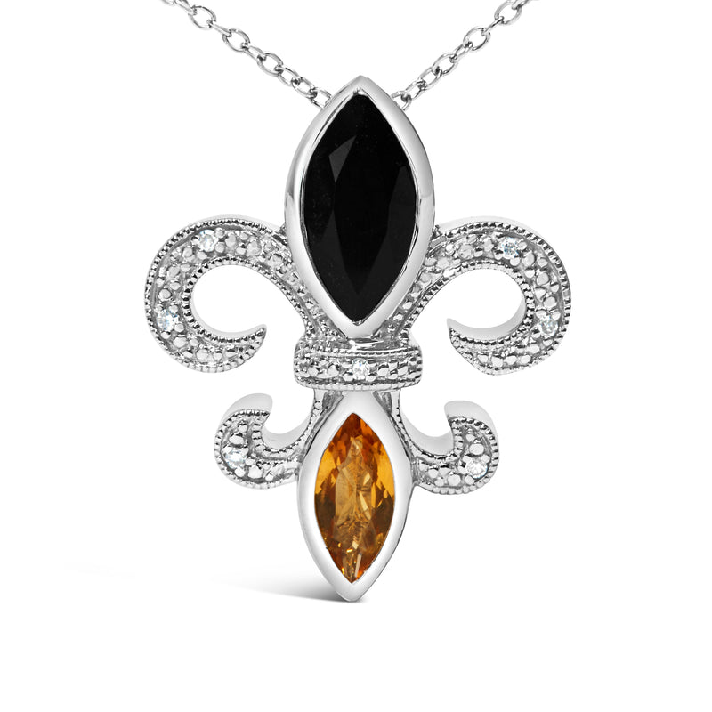 Bids.com .925 Sterling Silver Marquise Onyx and Citrine and Diamond Accent Fleur De Lis Pendant Necklace (H-I Color, SI1-SI2 Clarity) - 18" Necklaces