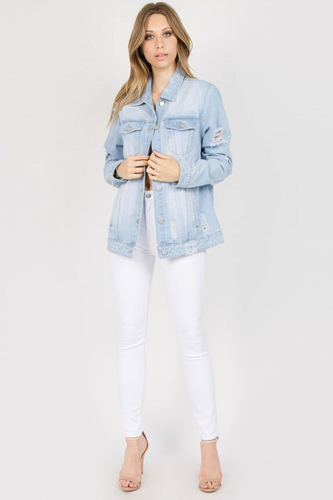 Letter Patched Distressed Denim Jacket in Light Blue