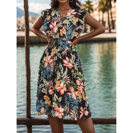 Ruffled Printed Surplice Cap Sleeve Dress