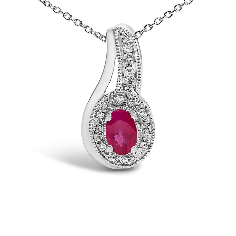 Bids.com .925 Sterling Silver Red Ruby and Diamond Accent Milgrain Swirl Pendant Necklace - 18" Inches Necklaces