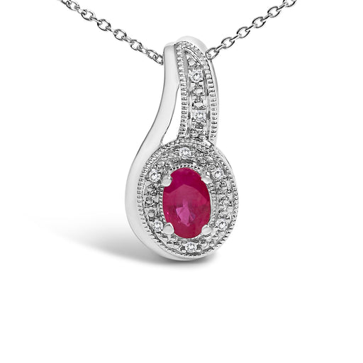 Bids.com .925 Sterling Silver Red Ruby and Diamond Accent Milgrain Swirl Pendant Necklace - 18" Inches Necklaces