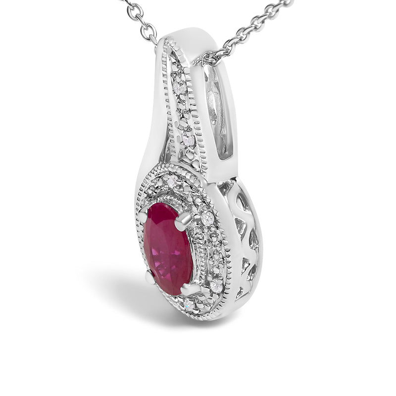 Bids.com .925 Sterling Silver Red Ruby and Diamond Accent Milgrain Swirl Pendant Necklace - 18" Inches Necklaces