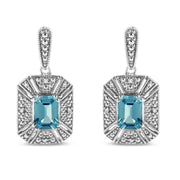 Bids.com .925 Sterling Silver 7x5MM Emerald Shape Blue Topaz and Diamond Accent Art Deco Halo Style Drop and Dangle Earrings (I-J Color, I1-I2 Clarity) Earrings