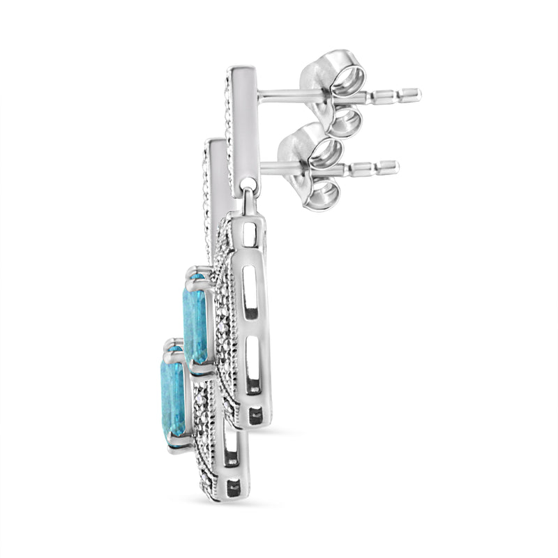 Bids.com .925 Sterling Silver 7x5MM Emerald Shape Blue Topaz and Diamond Accent Art Deco Halo Style Drop and Dangle Earrings (I-J Color, I1-I2 Clarity) Earrings