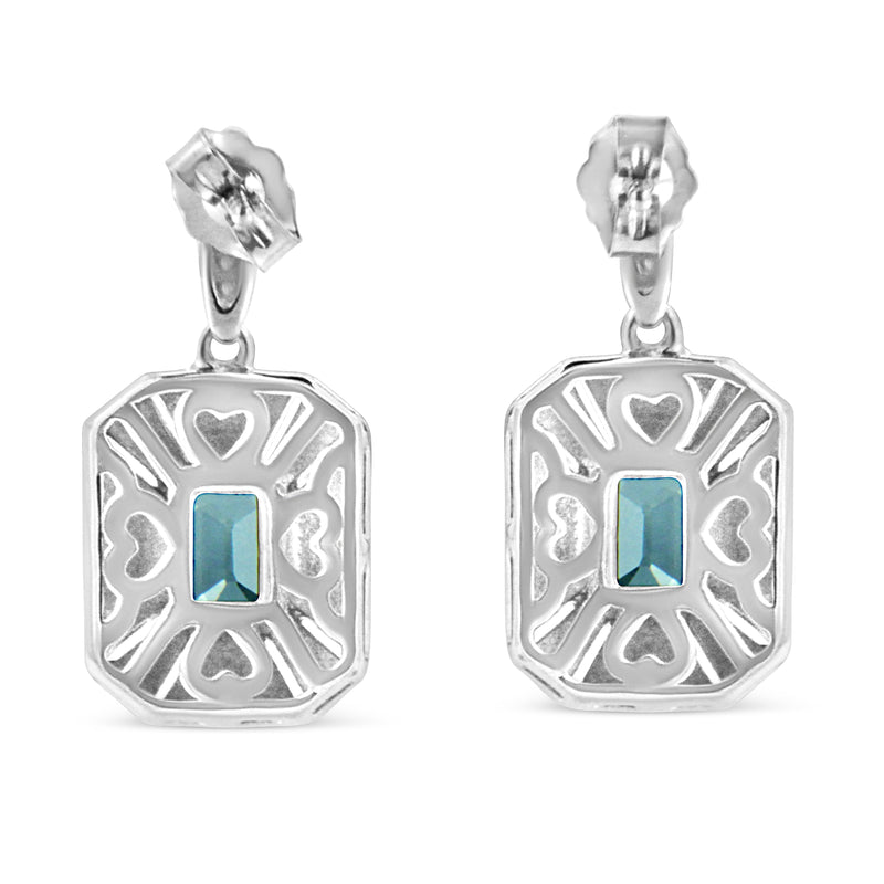 Bids.com .925 Sterling Silver 7x5MM Emerald Shape Blue Topaz and Diamond Accent Art Deco Halo Style Drop and Dangle Earrings (I-J Color, I1-I2 Clarity) Earrings
