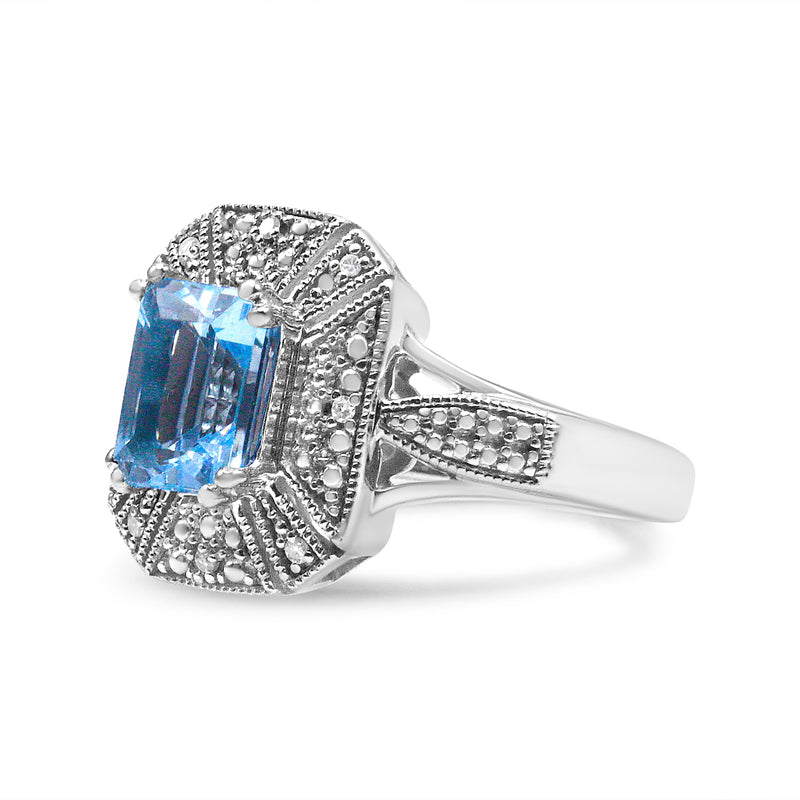 Bids.com .925 Sterling Silver Diamond Accent and 8X6 mm Emerald-Shape Blue Topaz Ring (I-J Color, I2-I3 Clarity) - Ring Size 7 Rings