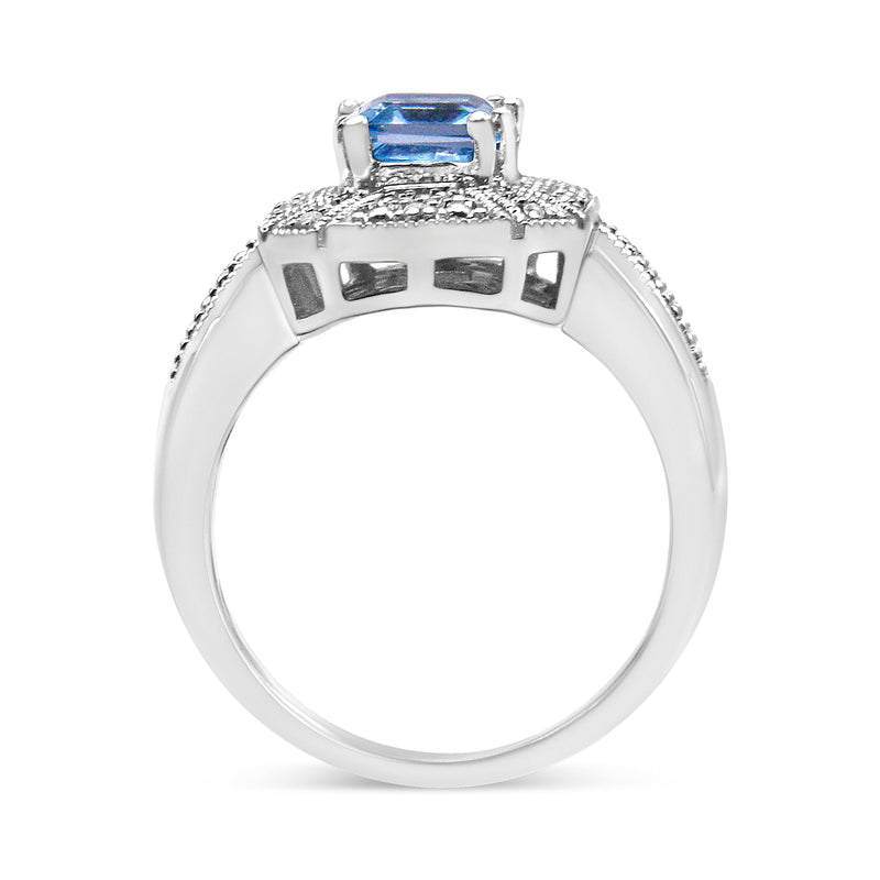 Bids.com .925 Sterling Silver Diamond Accent and 8X6 mm Emerald-Shape Blue Topaz Ring (I-J Color, I2-I3 Clarity) - Ring Size 7 Rings