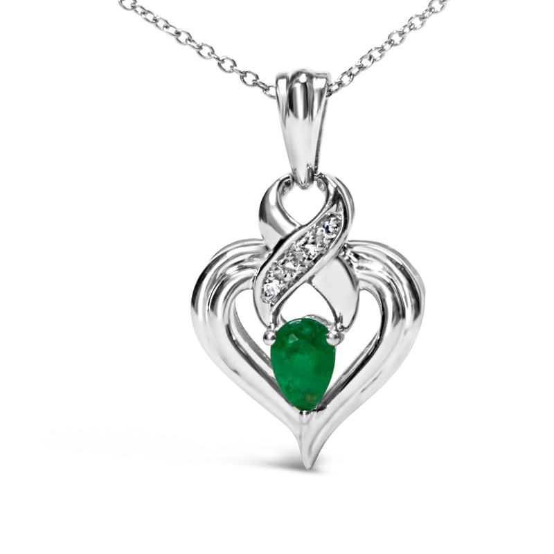 Bids.com .925 Sterling Silver 6x4mm Pear Emerald and Diamond Accent Heart Pendant Necklace (H-I Color, SI1-SI2 Clarity) - 18 Inches Necklaces