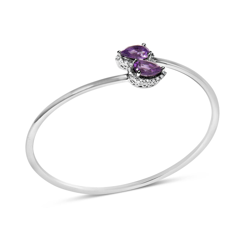 Bids.com .925 Sterling Silver 8 x 5.5mm Pear Shape Amethyst  and Diamond Accent Halo Bypass Bangle Bracelet (H-I Color, SI1-SI2 Clarity)  - Fits up to 7" Inches Bracelets