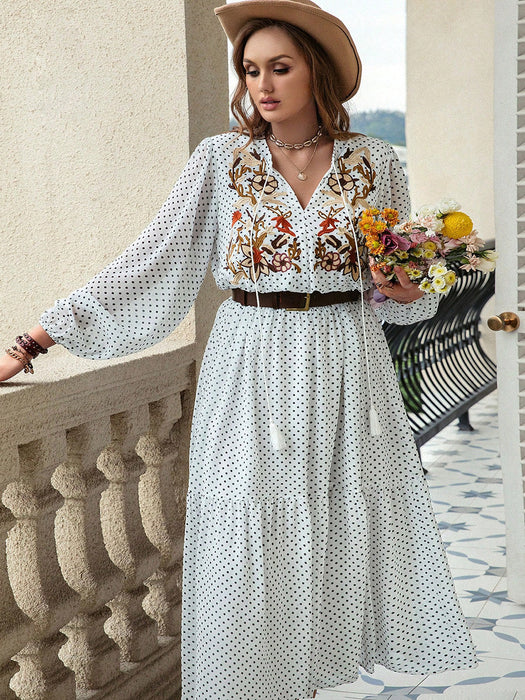 Printed Tie Neck Long Sleeve Midi Dress