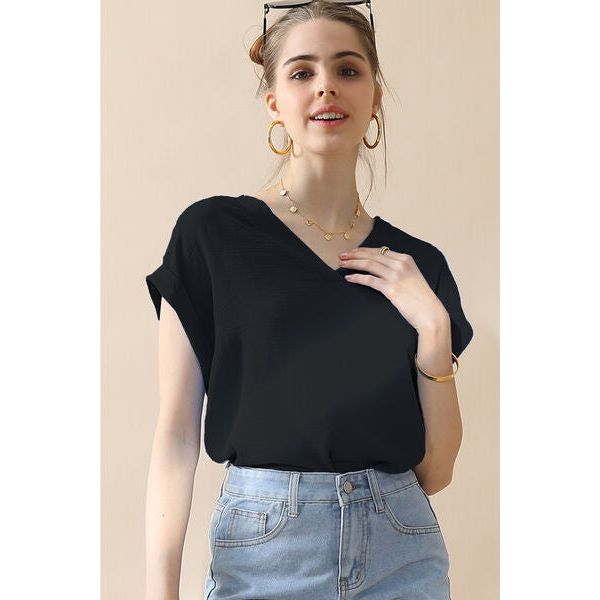 Ninexis V-Neck Trim Rolled Short Sleeve Shirt