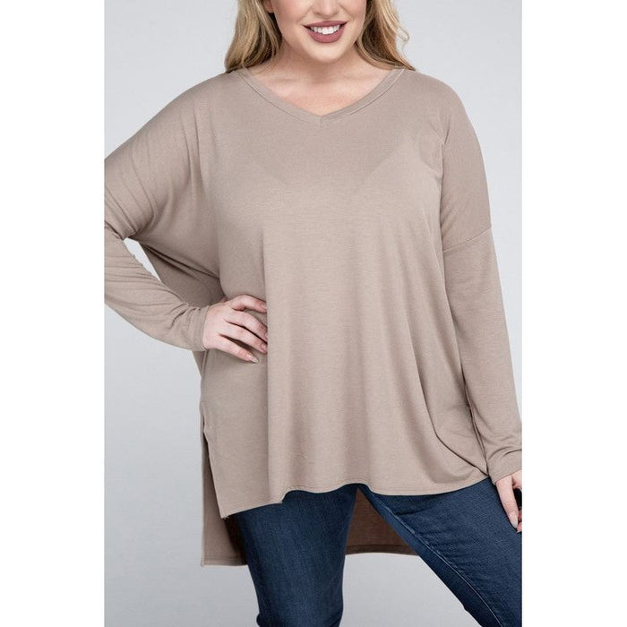 Plus Dolman Sleeve V-Neck Side Slit Hi-Low Hem Top