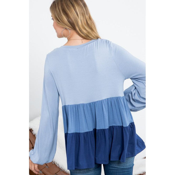 COLOR BLOCK RUFFLE TIERED SWING TOP