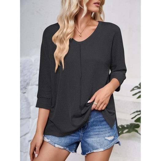 Textured Round Neck Three-Quarter Sleeve Blouse