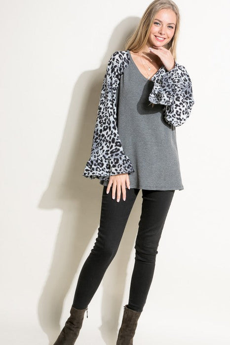 Plus Solid Cheetah Mixed Blouse Top