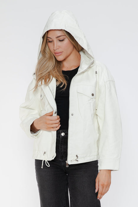 Drawstring Hem PU Leather Zip Up Jacket