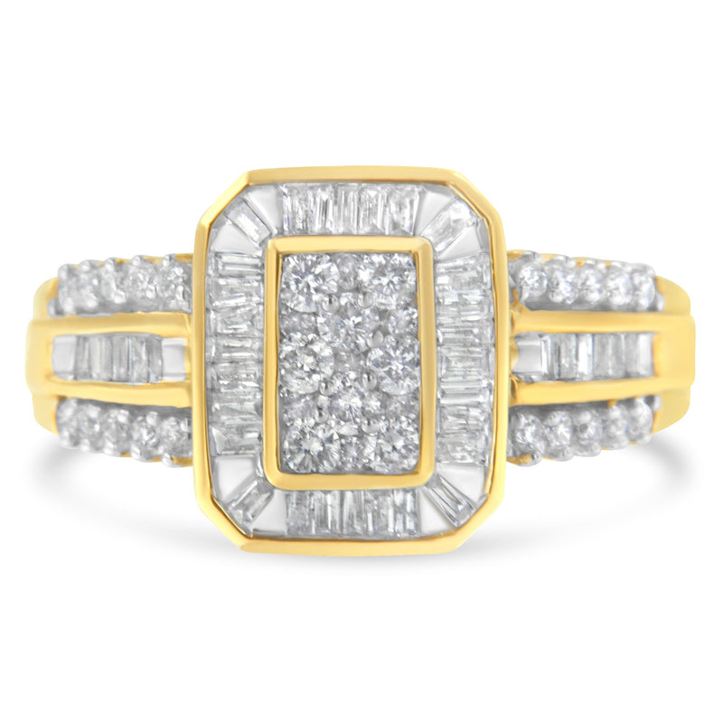 Bids.com 10K Yellow Gold Round and Baguette-Cut Diamond Cocktail Ring (1.0 Cttw, H-I Color, SI2-I1 Clarity) - Size 7 Rings